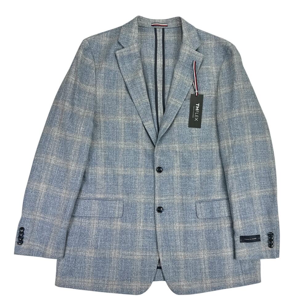 Tommy Hilfiger Mens TH Flex Gene Modern Fit Plaid Sport Coat Light Blue 44L